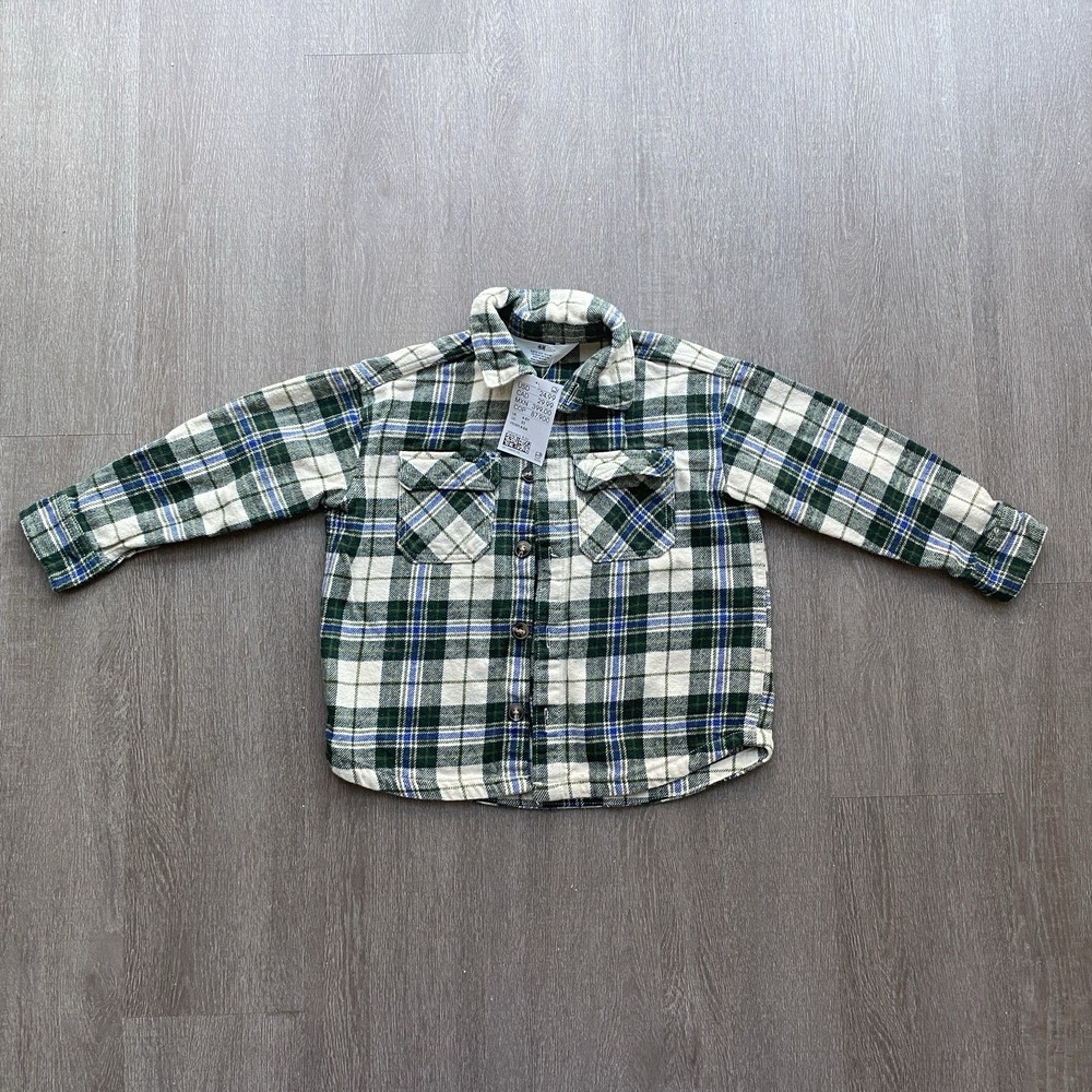 H&M NWT Boys Kids Long‎ Sleeve Green & Cream Plaid Button Up 4-5Y 1440